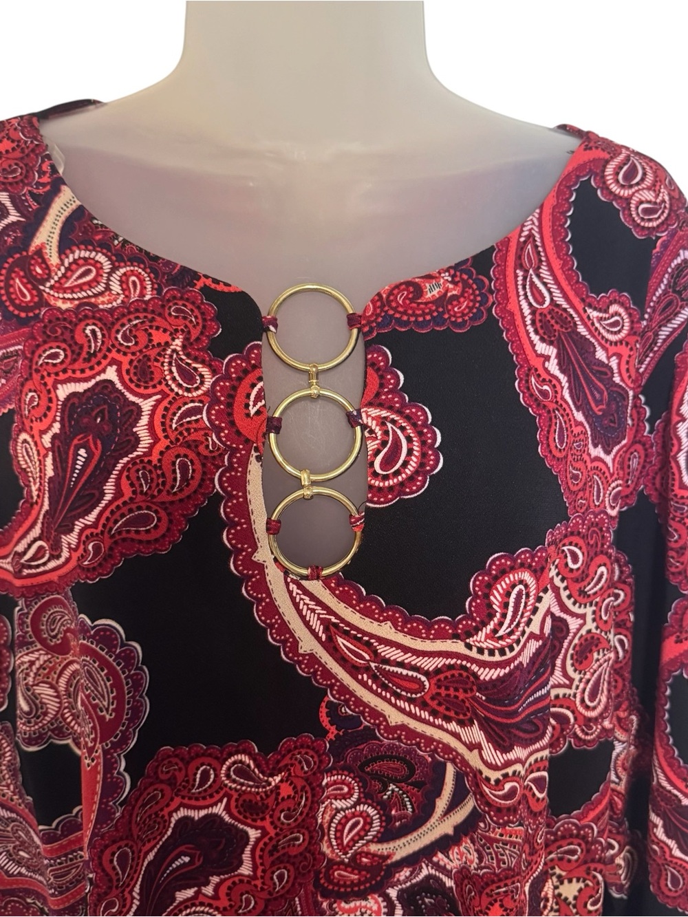 Red Paisley Neckline Ring-Accent Dress  PLUS: 2X    #CL - Picture 2 of 7